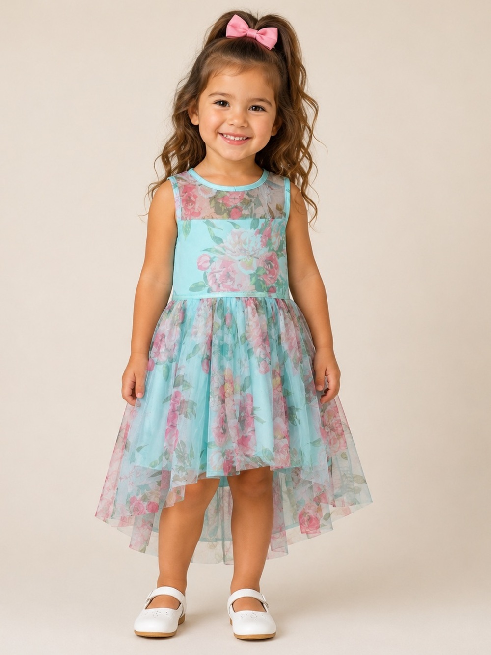 Zunie Girl Aqua Dress with Pink Floral Detail